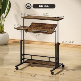 Adjustable Standing Desk With Power Outlets, Stand Up Desk With Tiltable Tabletop, Wheels, Shelf, For Home Office, Brown (Color: brown)