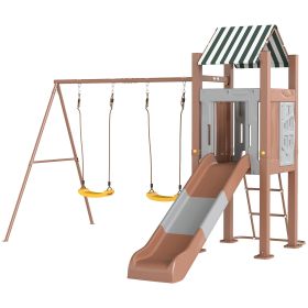 Kids Swing Set With 6 FT Slide, 2 Adjustable Swings, Fort With Canopy, Ladder, Ground Stakes For Ages 3-8, Brown (Color: brown)
