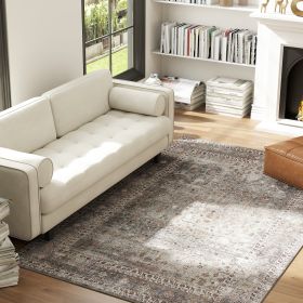 Machine Washable Area Rug 5x7, Non-Slip Traditional Floor Cover Foldable Carpet For Living Room, Dark Mixed-Brown (Color: brown)